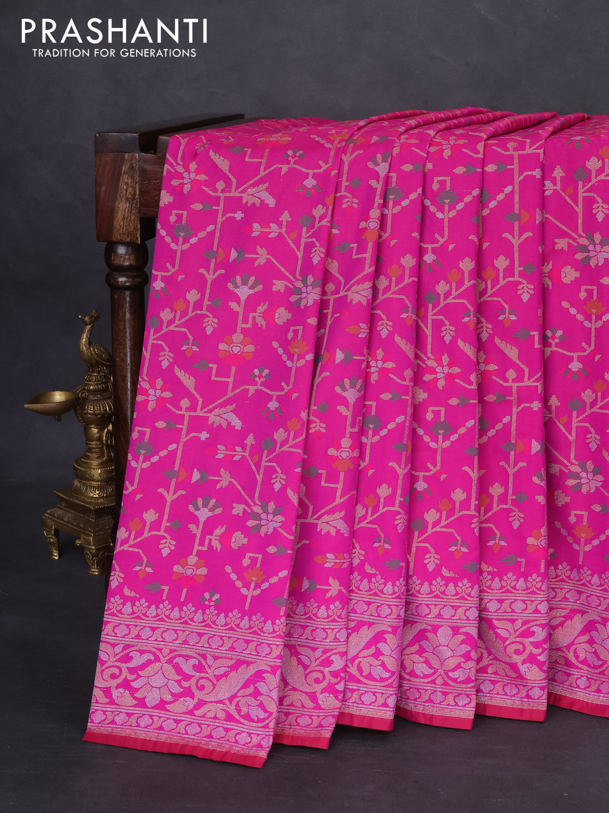 Banarasi semi katan silk saree magenta pink with allover jamdhani weaves and rich zari woven border