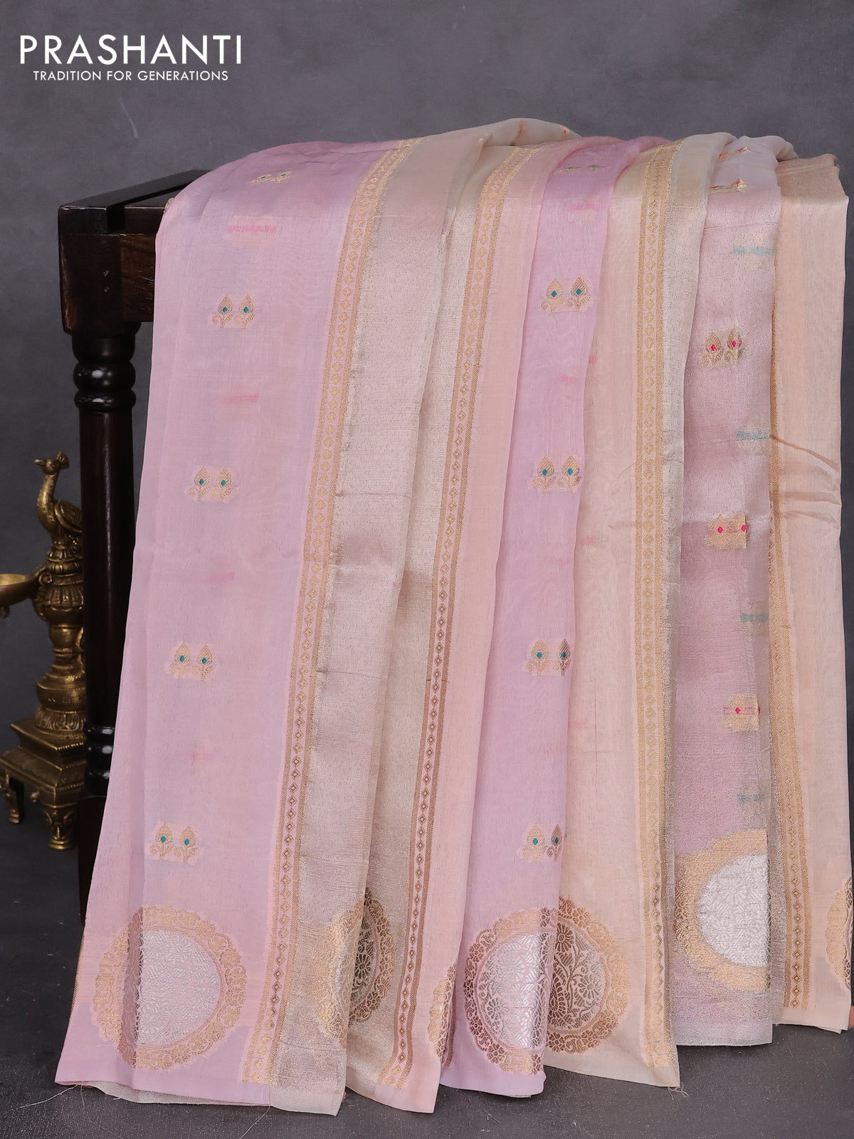 Banarasi tissue semi silk saree beige and baby pink with zari weaves & buttas and zari woven butta border