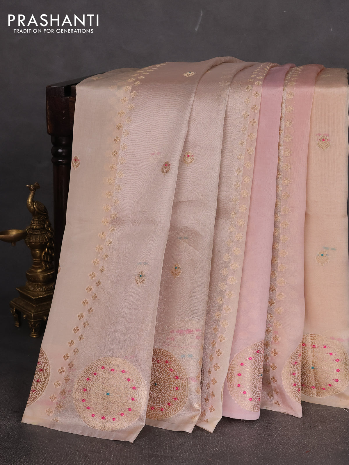 Banarasi tissue semi silk saree beige and peach pink with zari weaves & buttas and zari woven butta border