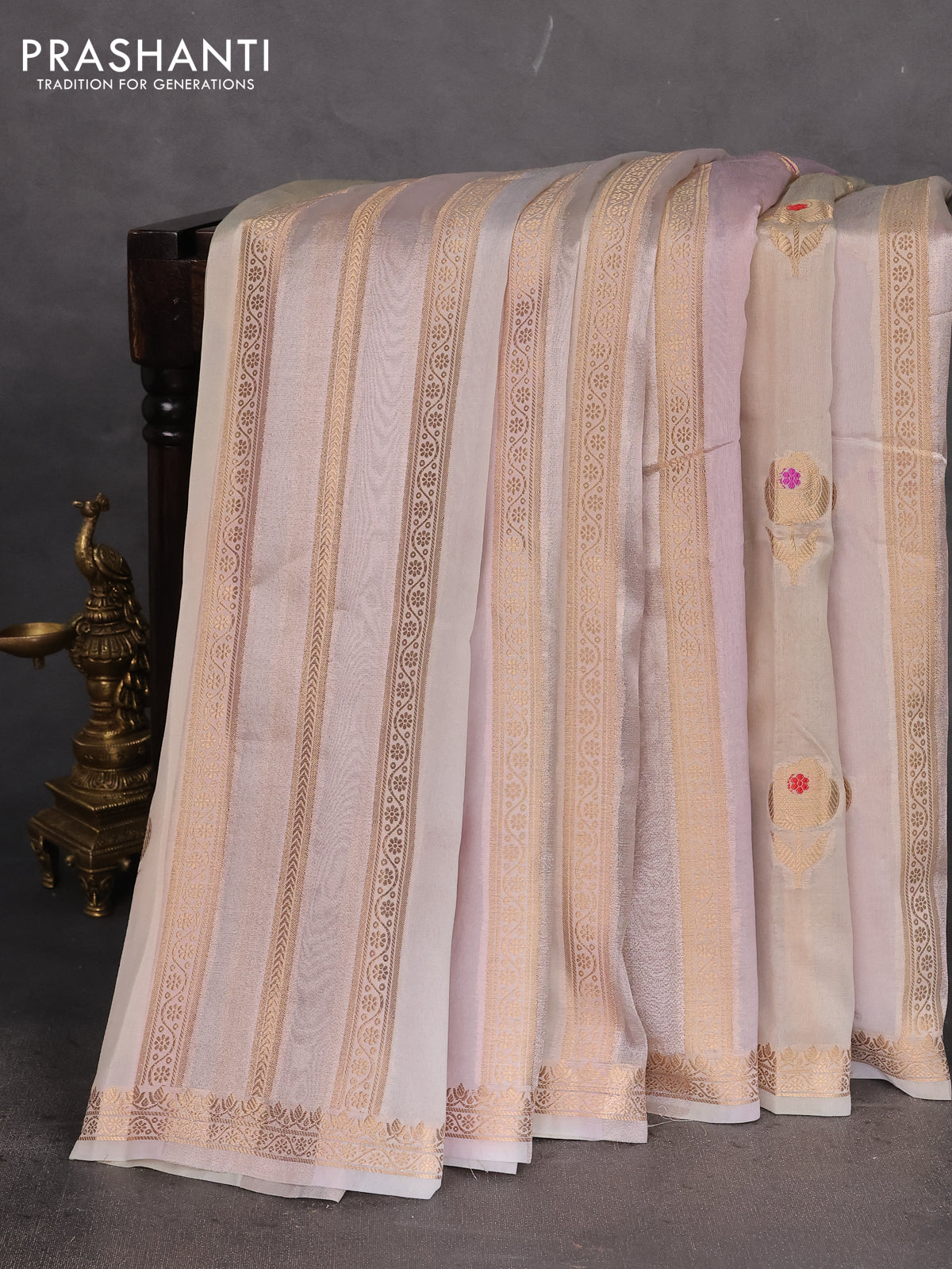Banarasi tissue semi silk saree beige and pastel lavender with zari weaves & floral buttas and small zari woven border
