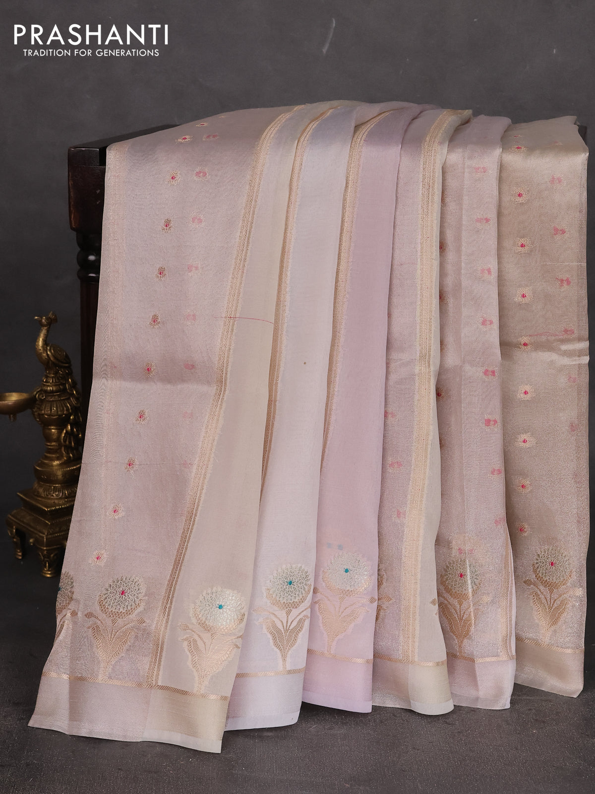 Banarasi tissue semi silk saree beige and pastel lavender with zari weaves & buttas and floral zari woven butta border