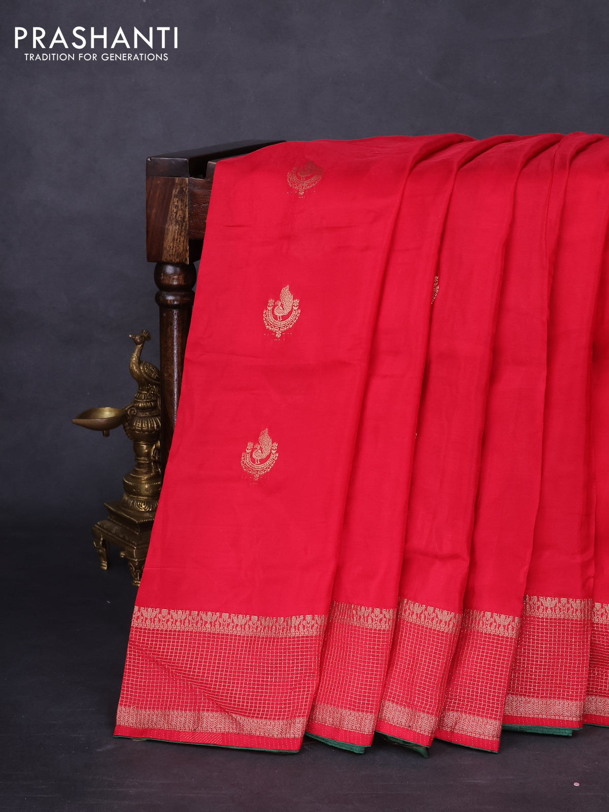 Banarasi silk saree reddish pink and green with annam zari woven buttas and zari woven border