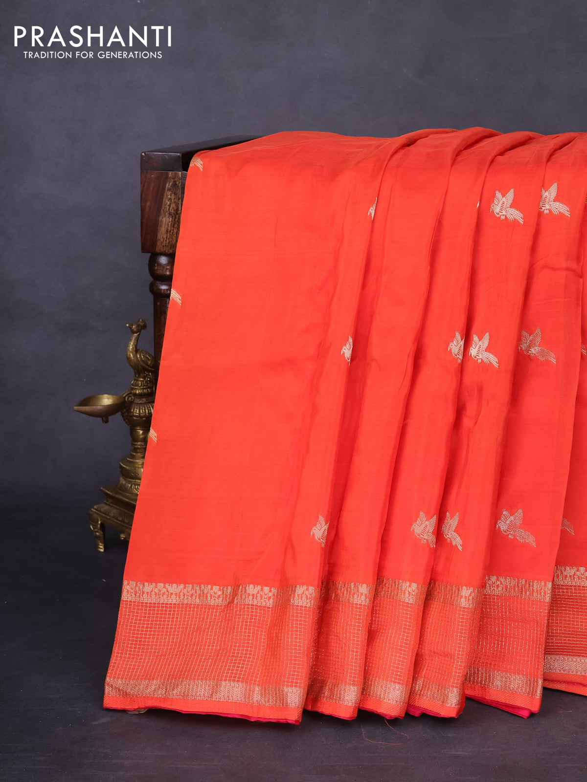 Banarasi silk saree orange and pink with zari woven brids buttas and zari woven border