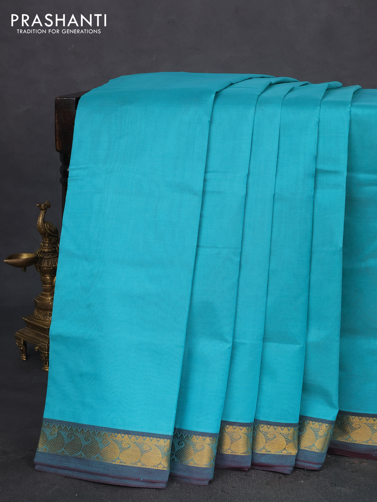 10 Yards silk cotton saree teal blue and wine shade with plain body and paisley zari woven border
