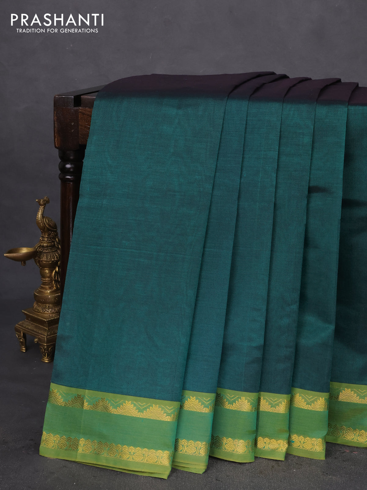 10 Yards silk cotton saree green and light green with plain body and rettapet zari woven border