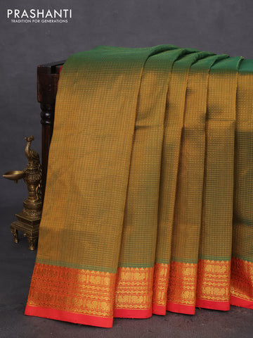 10 Yards silk cotton saree mehendi green and red with allover small zari checked pattern and zari woven border