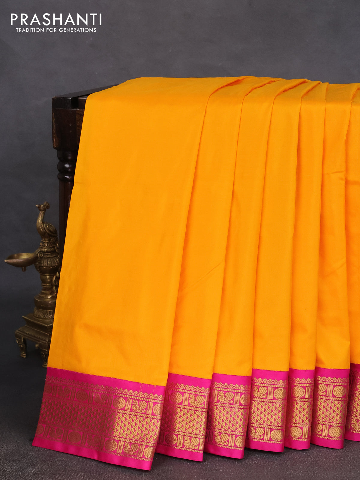 10 yards silk saree mango yellow and pink with plain body and zari woven korvai border