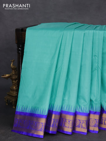 10 yards silk saree teal blue and blue with plain body and temple design annam zari woven border