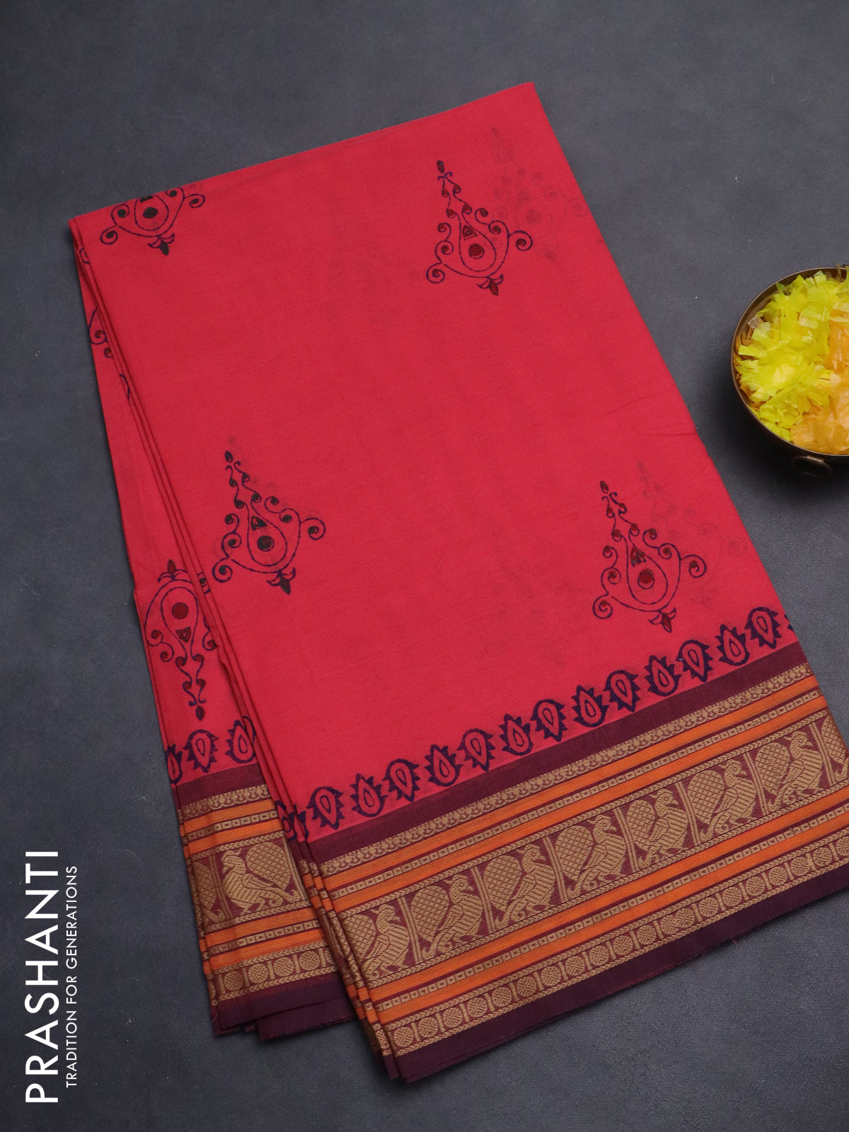Chettinad cotton saree candy pink and wine shade with allover block prints and thread woven border