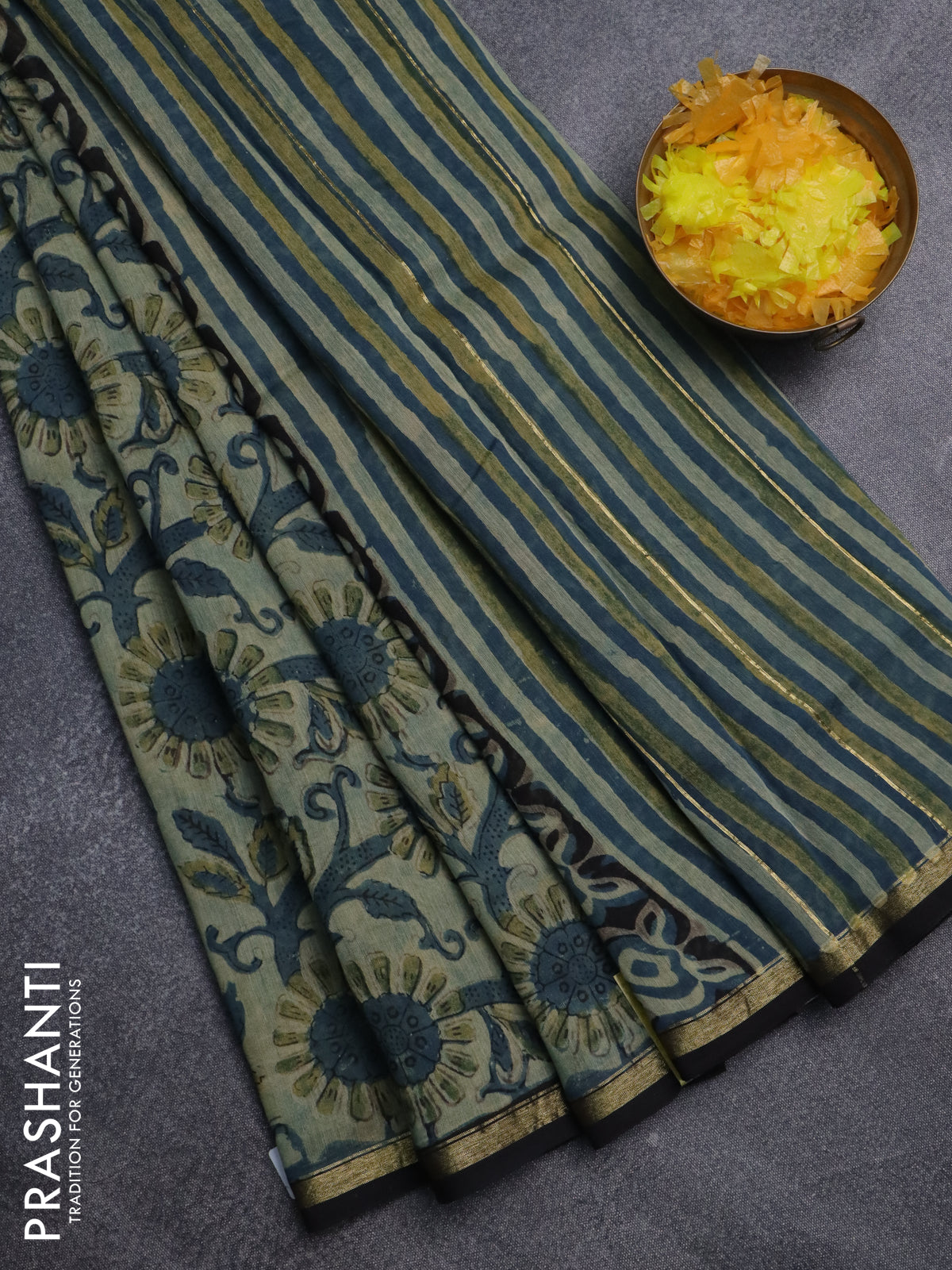 Chanderi bagru saree pastel green and black with allover kalamkari prints and small zari woven border