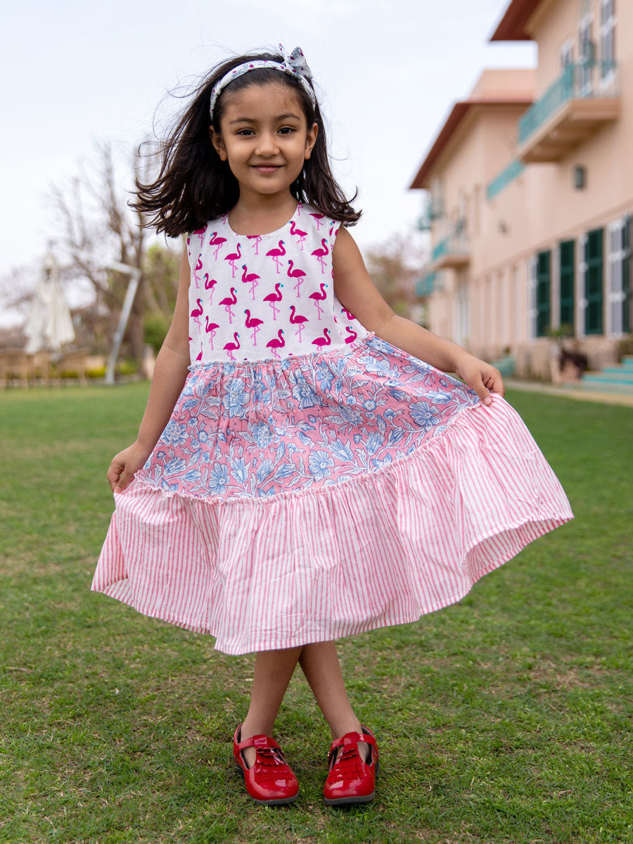 Flamingo Whirl Organic Cotton Block Printed Sleeveless Dress