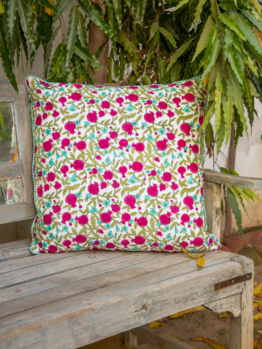 Fruits of Paradise Block Printed Cotton Cushion Cover - 24 Inch
