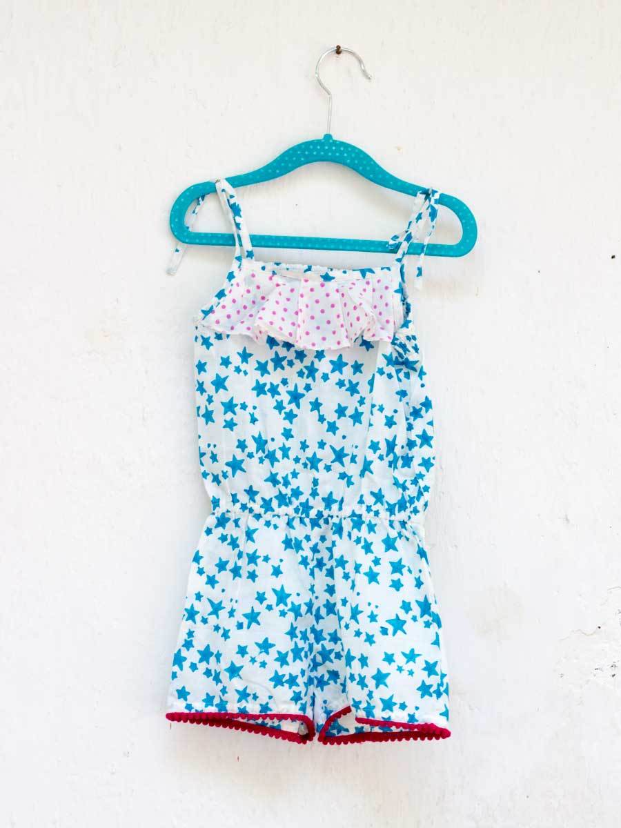 Blue Star Organic Cotton Block Printed Jumpsuit with Pompoms
