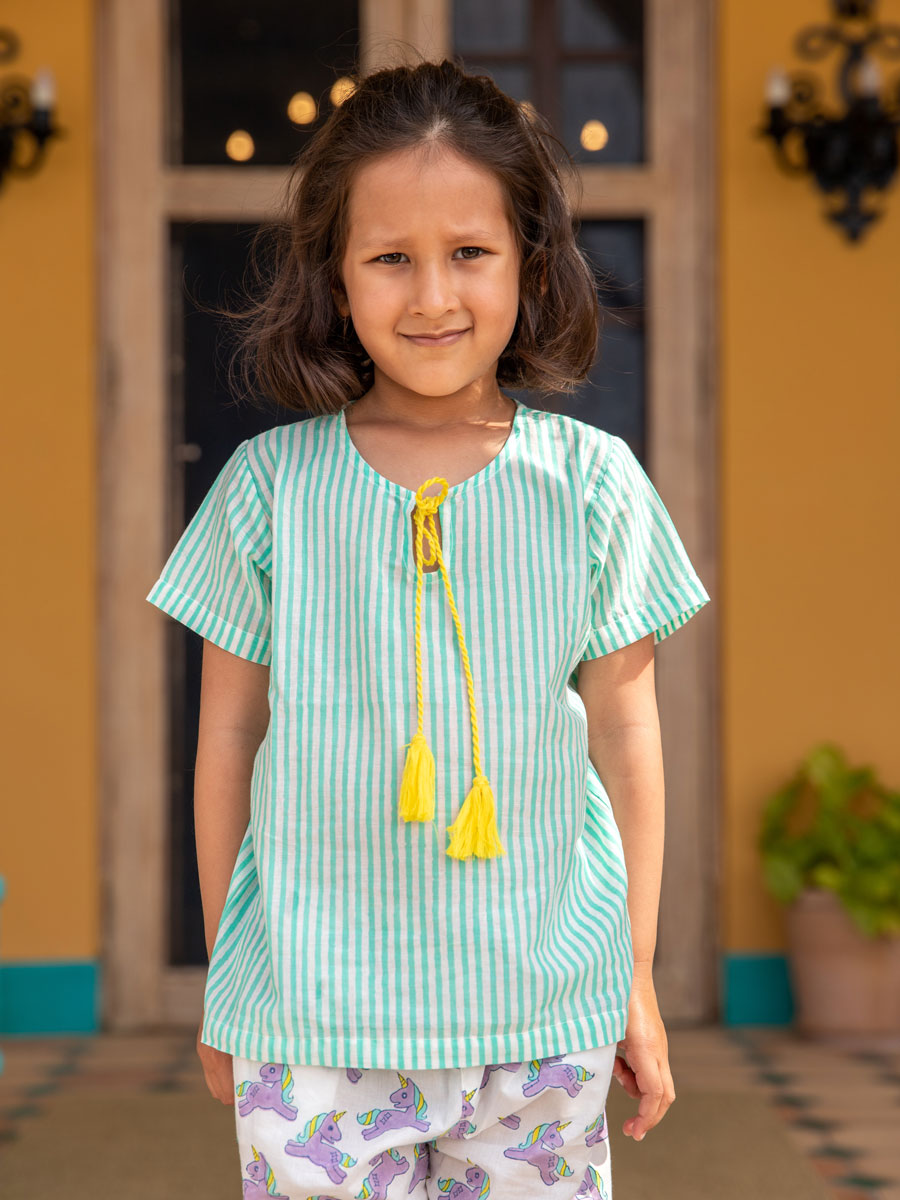 Aqua Stripes Organic Cotton Block Printed Top