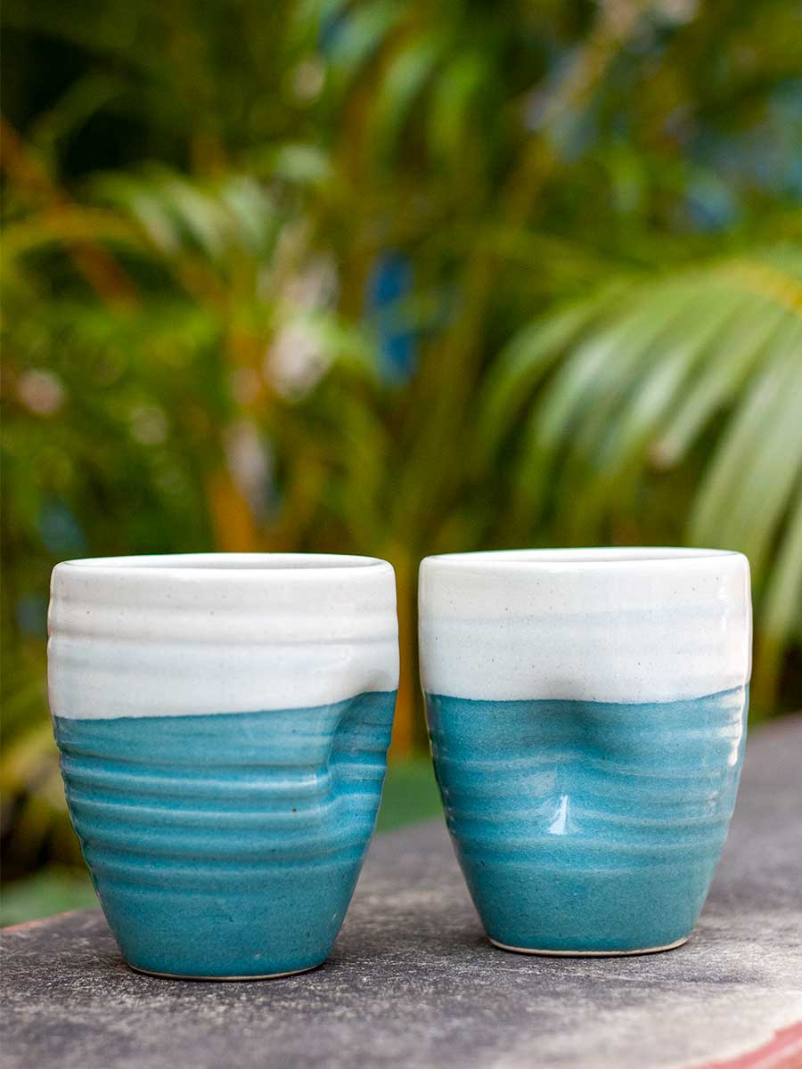 Set of 2 - Aqua Dance Dimpled Hand-Thrown Ceramic Tumbler