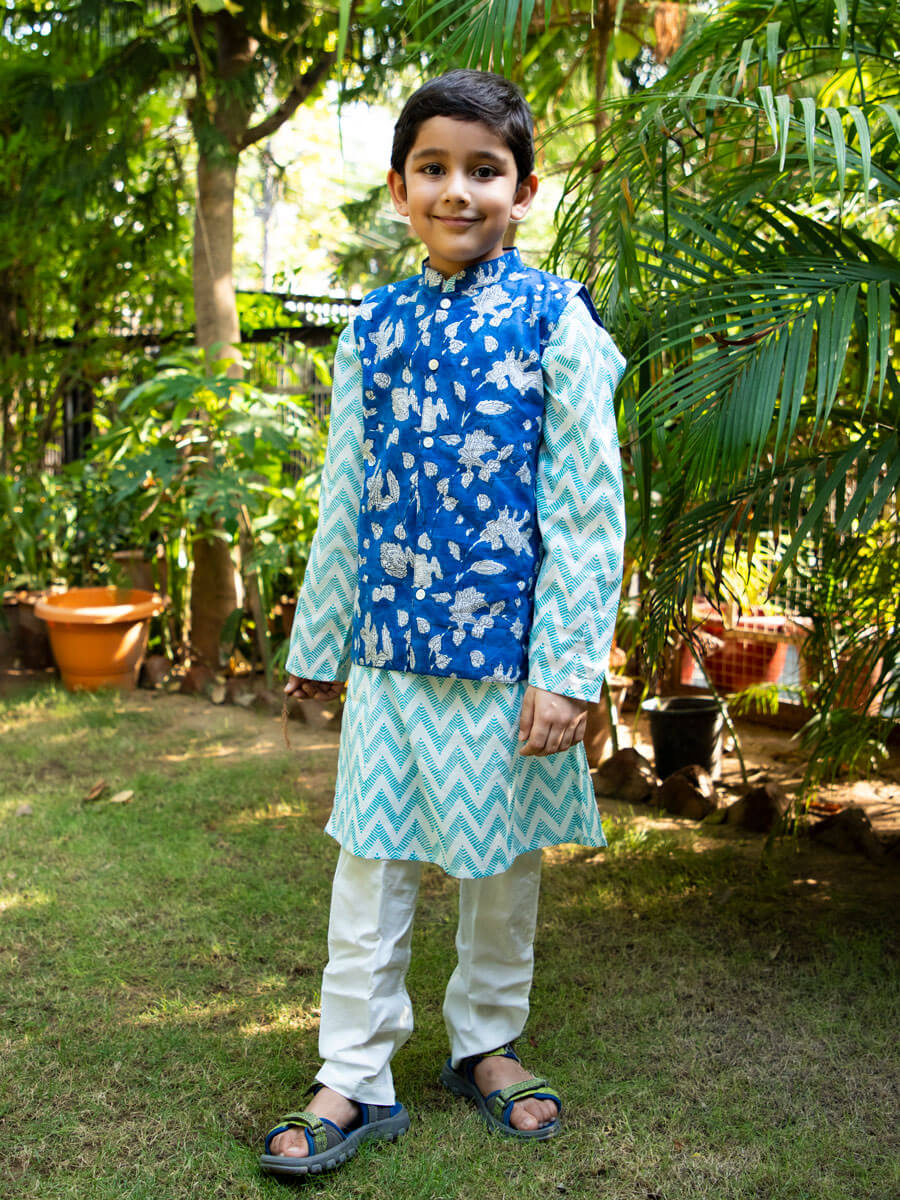 Set of 3 - Blue Sky Block Printed Kurta With Jacket