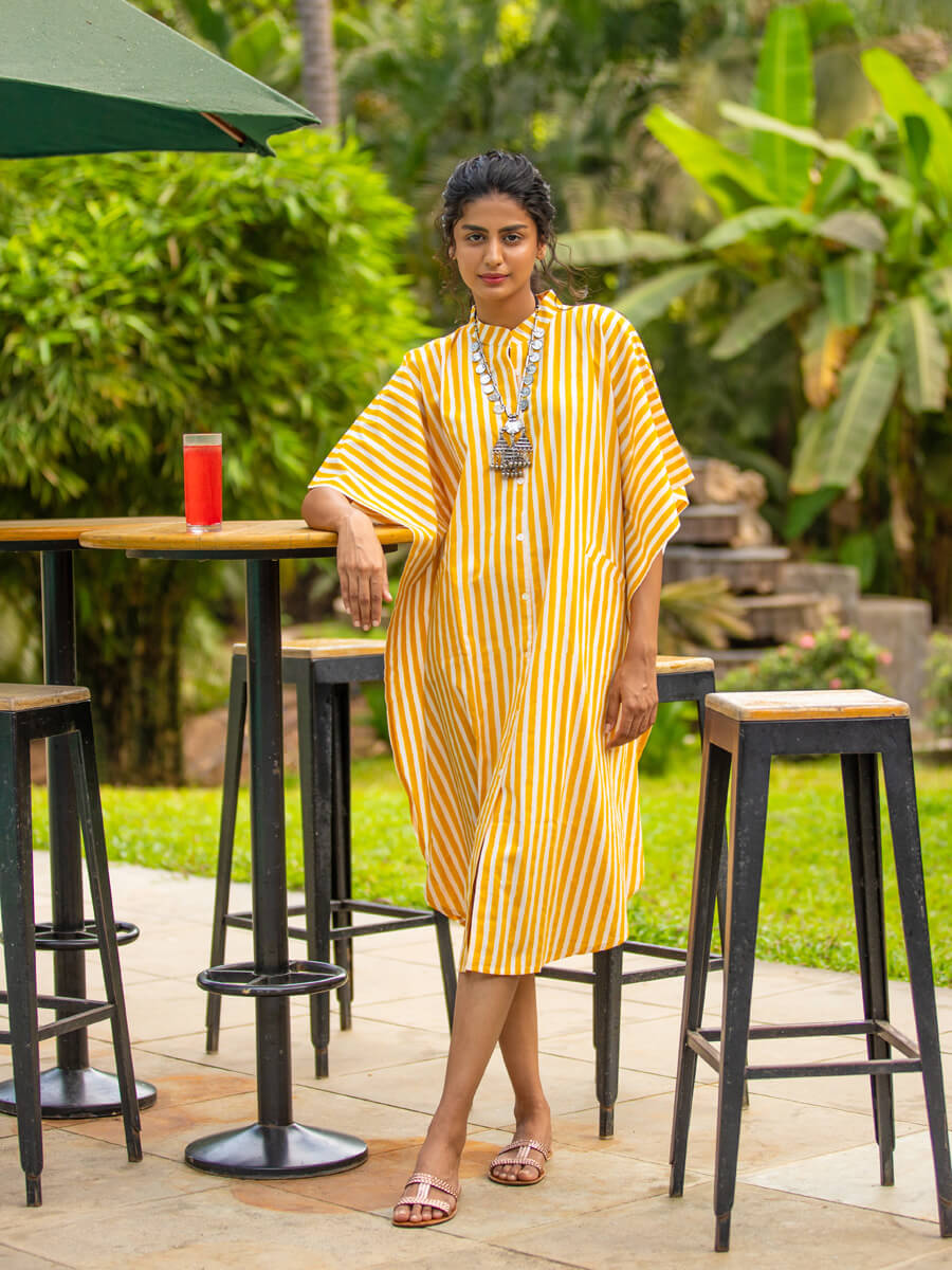 Yellow Stripes Kaftan Cotton Shirt Dress