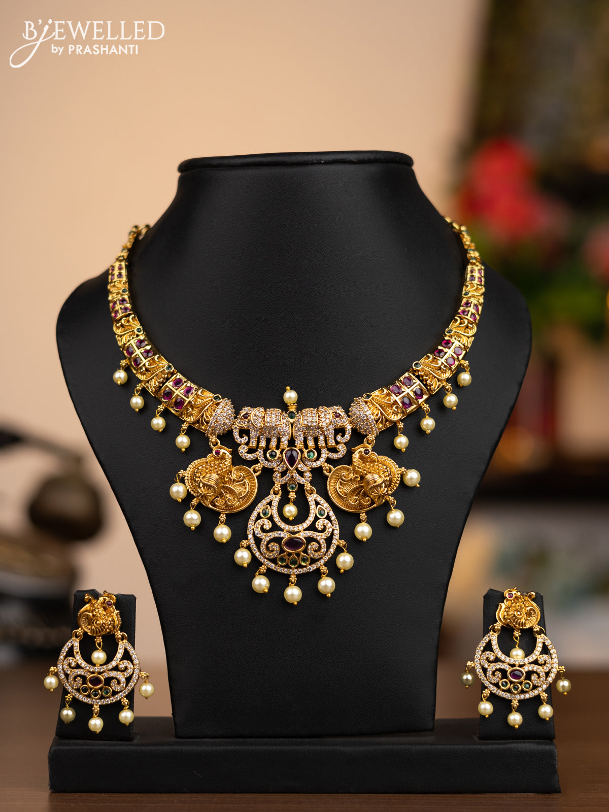 Antique necklace elephant & peacock pendant with kemp & cz stones and pearl hangings