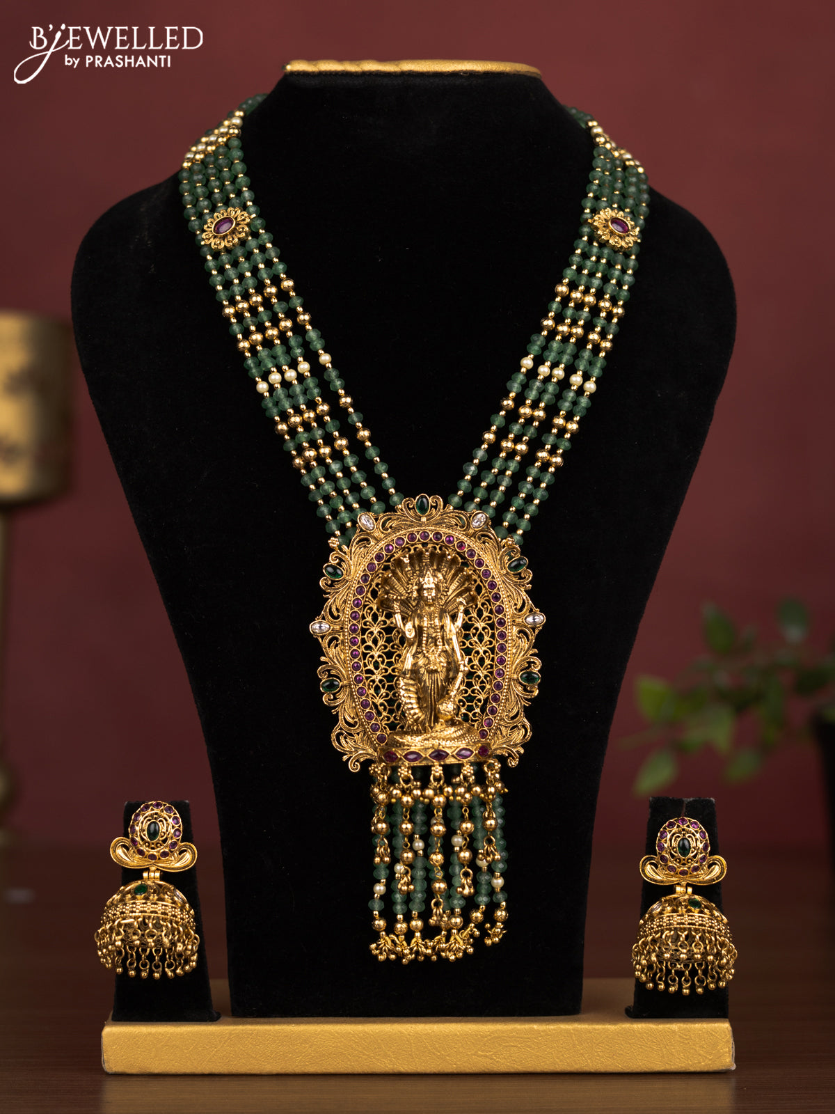 Antique beaded haaram vishnu pendant with kemp & kundan stones and golden beads hanging