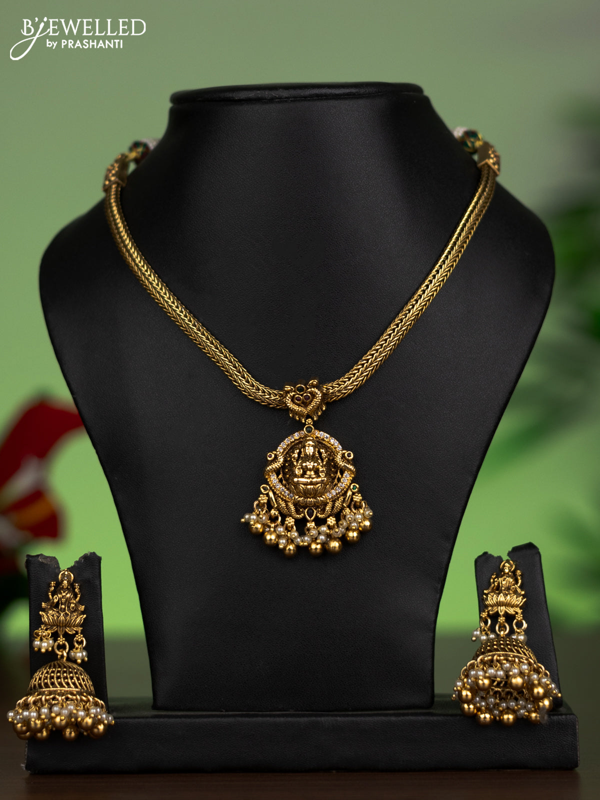 Antique attigai necklace lakshmi pendant with kemp & cz stones and pearl & golden beads hanging