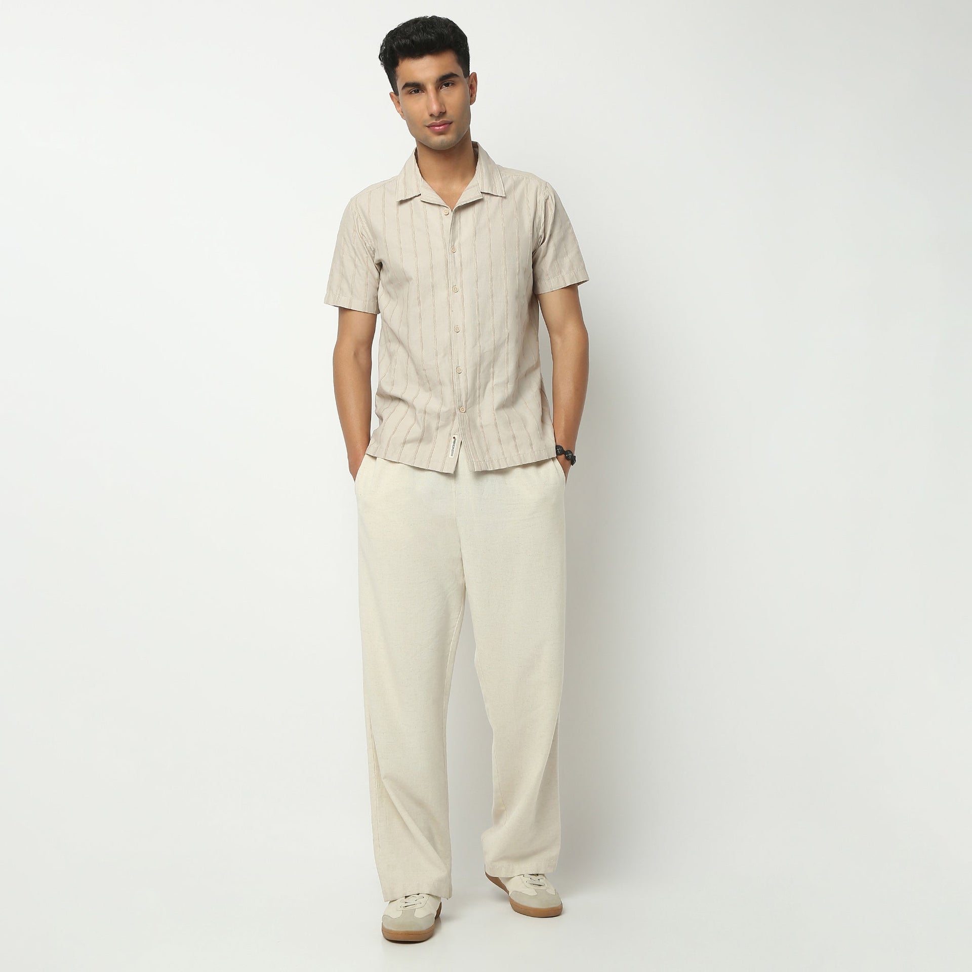 Camp Collar Half Sleeve Striped Structured Solid Bae Shirt