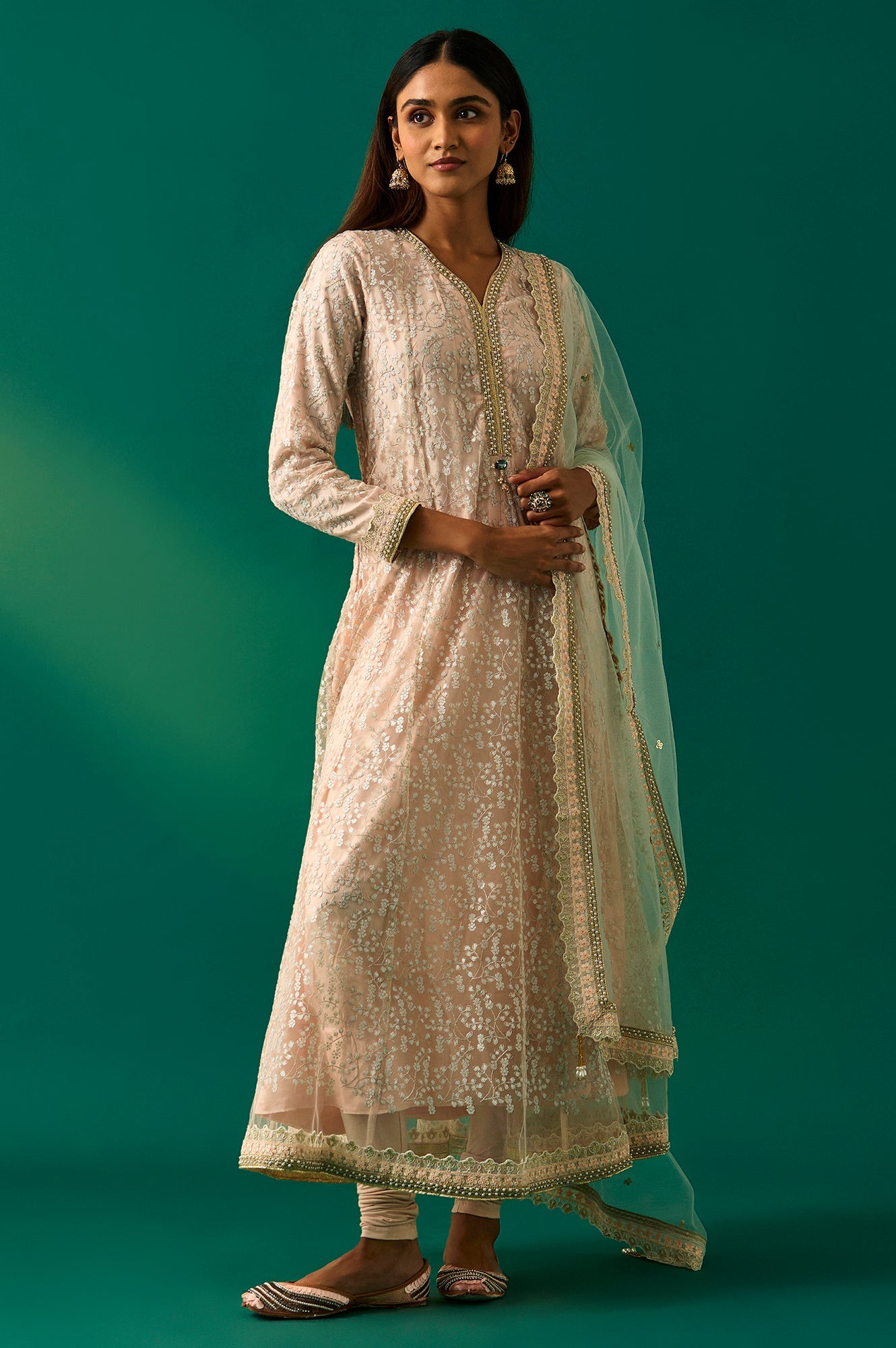 Beige Embroidered Anarkali Net Kurta with Churidar and Dupatta Set