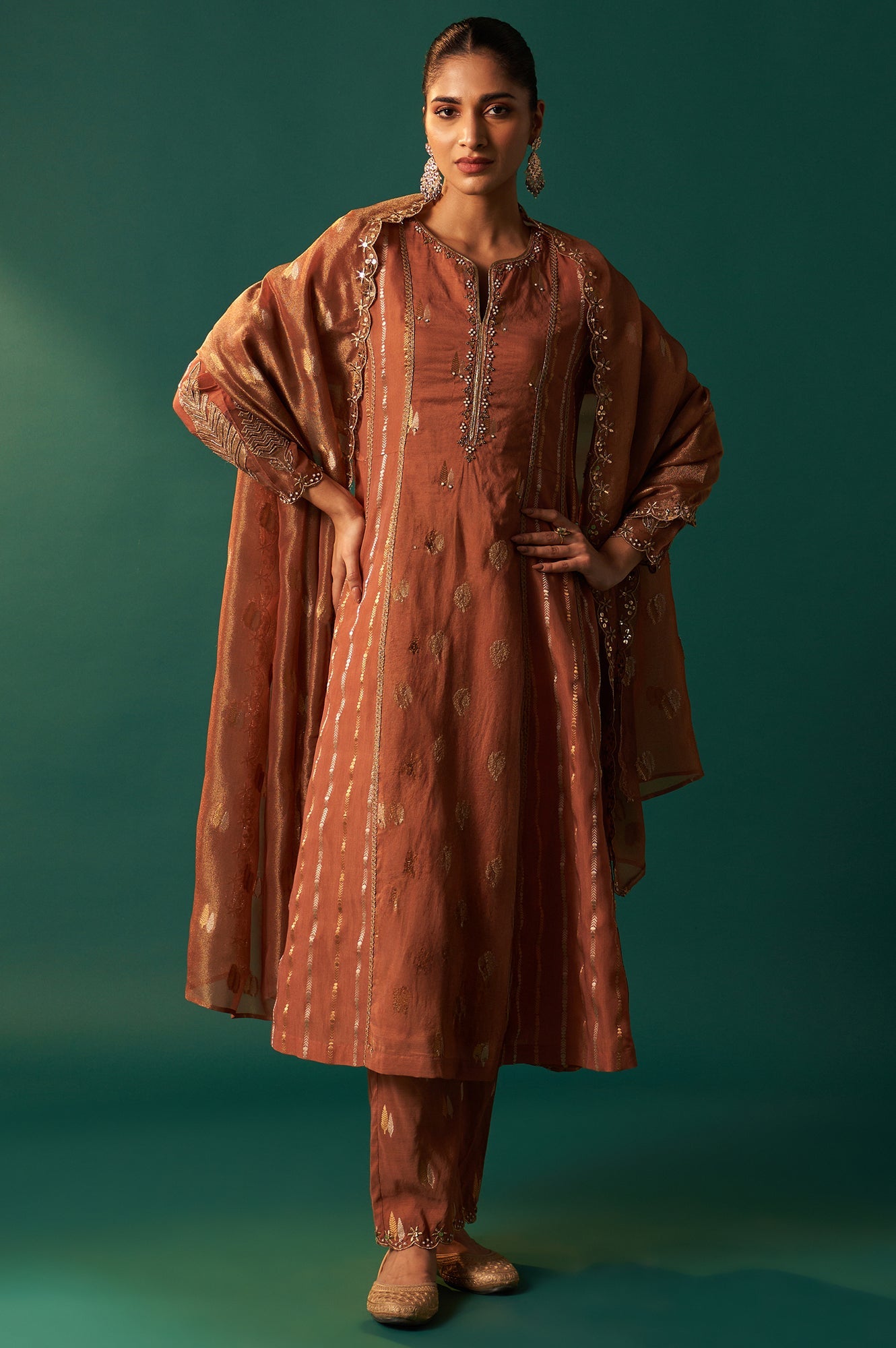 Copper Brown Metallic Embroidered Flared Chanderi Kurta with Straight Pant and Dupatta Set