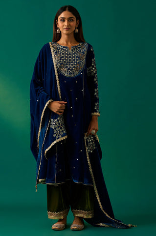 Blue Embroidered Anarkali Velvet Kurta with Salwar and Dupatta Set