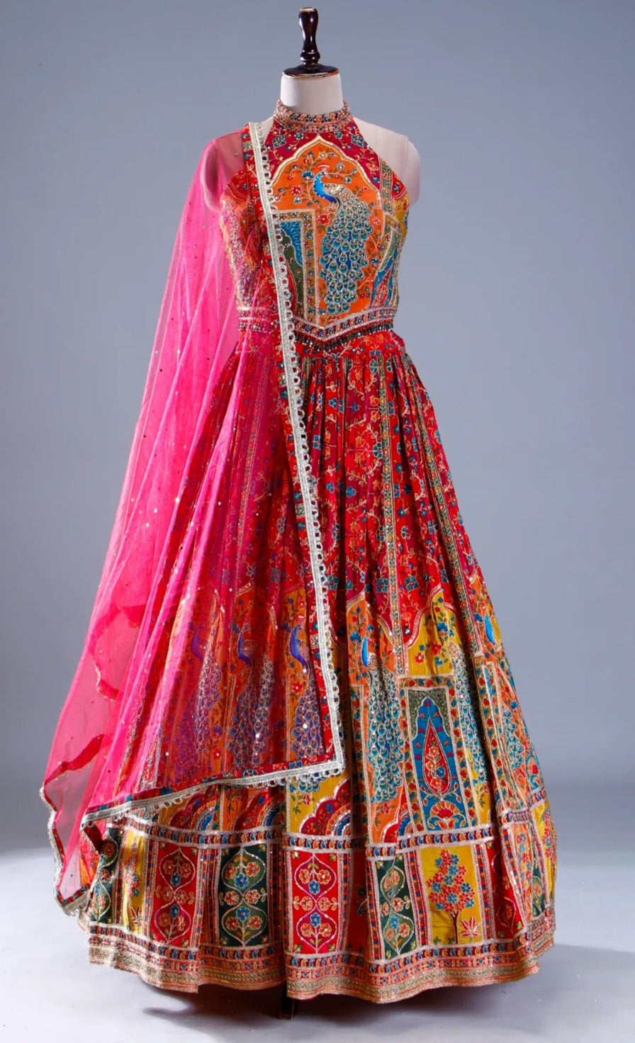 Multicolor Peacock Georgette Lehenga with Heavy Peacock Print Blouse & Halter Neck