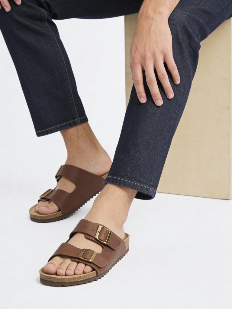 SOLEPLAY Brown Dual-Strap Slip-On Suede Leather Sandals
