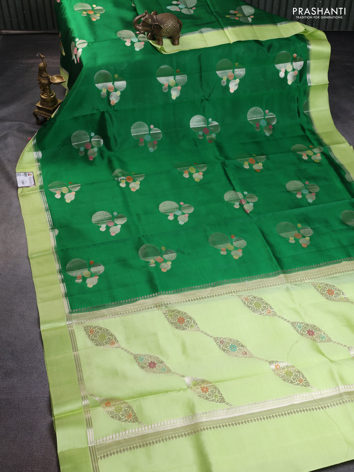 Banarasi poona silk saree green and light green with thread & zari woven geometric buttas and zari woven simple border