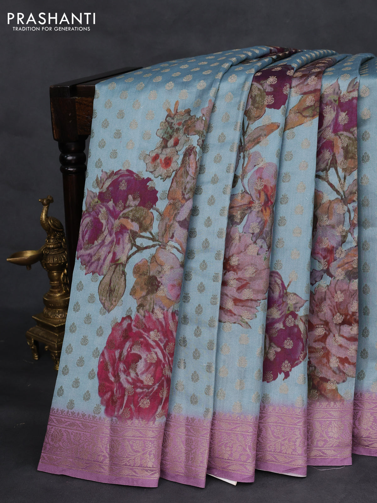 Chiniya silk saree pastel blue and lavender shade with zari woven buttas & digital prints and zari woven border