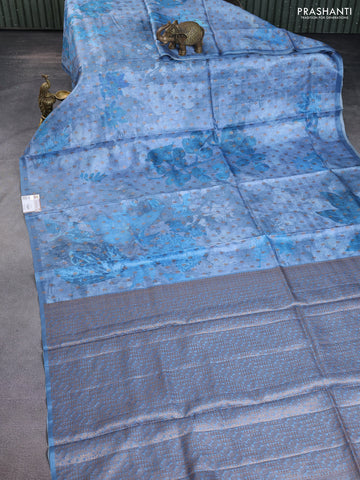 Banarasi tussar silk saree pastel blue with woven buttas & floral digital prints and piping border