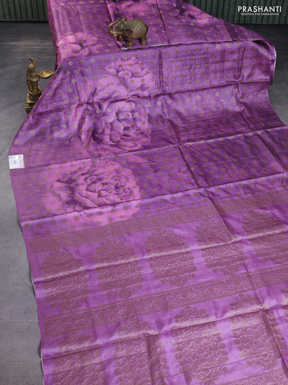Banarasi tussar silk saree purple shade with woven buttas & floral digital prints and piping border