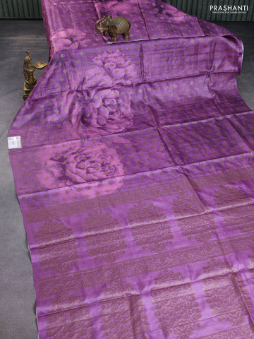 Banarasi tussar silk saree purple shade with woven buttas & floral digital prints and piping border