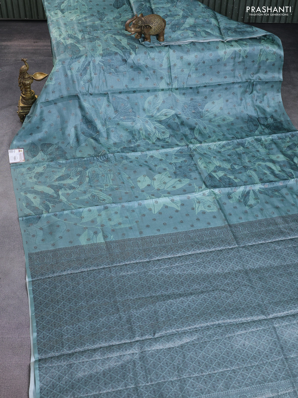 Banarasi tussar silk saree pastel blue shade with woven buttas & floral digital prints in borderless style