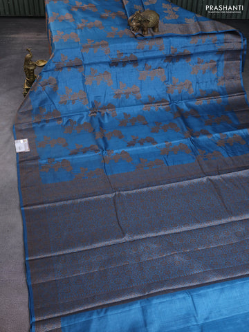 Banarasi tussar silk saree blue with thread & zari woven buttas and banarasi style border