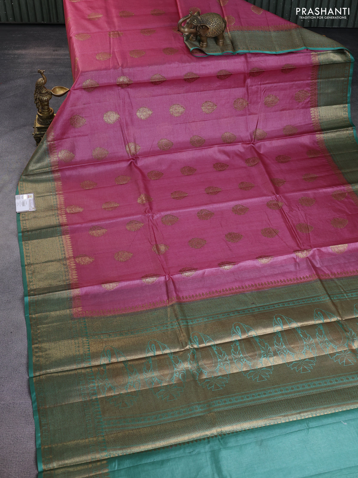 Banarasi tussar silk saree peach pink and teal green shade with thread & zari buttas and banarasi style border