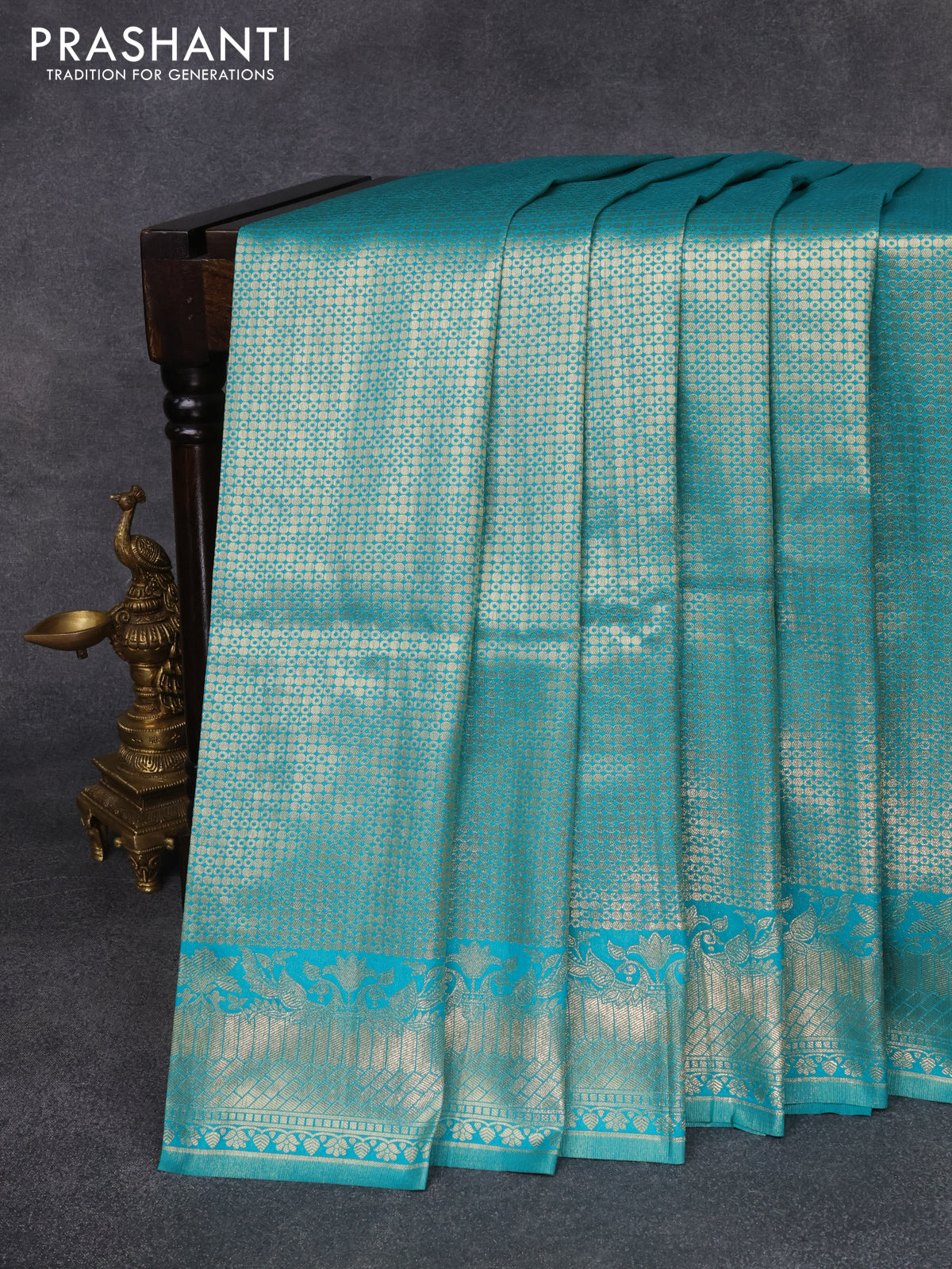Banarasi silk saree teal green shade with allover zari woven brocade weaves and zari woven border