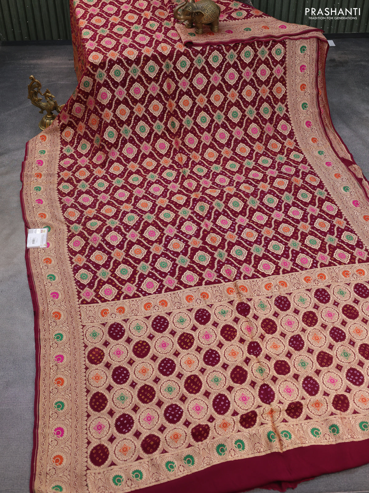 Banarasi georgette saree maroon with bandhani prints & mina weaves and woven border