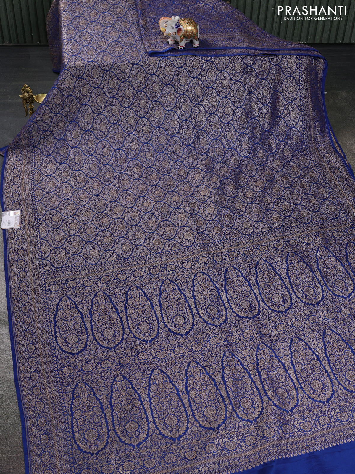 Banarasi crepe saree peacock blue with allover thread & zari brocade weaves and woven border