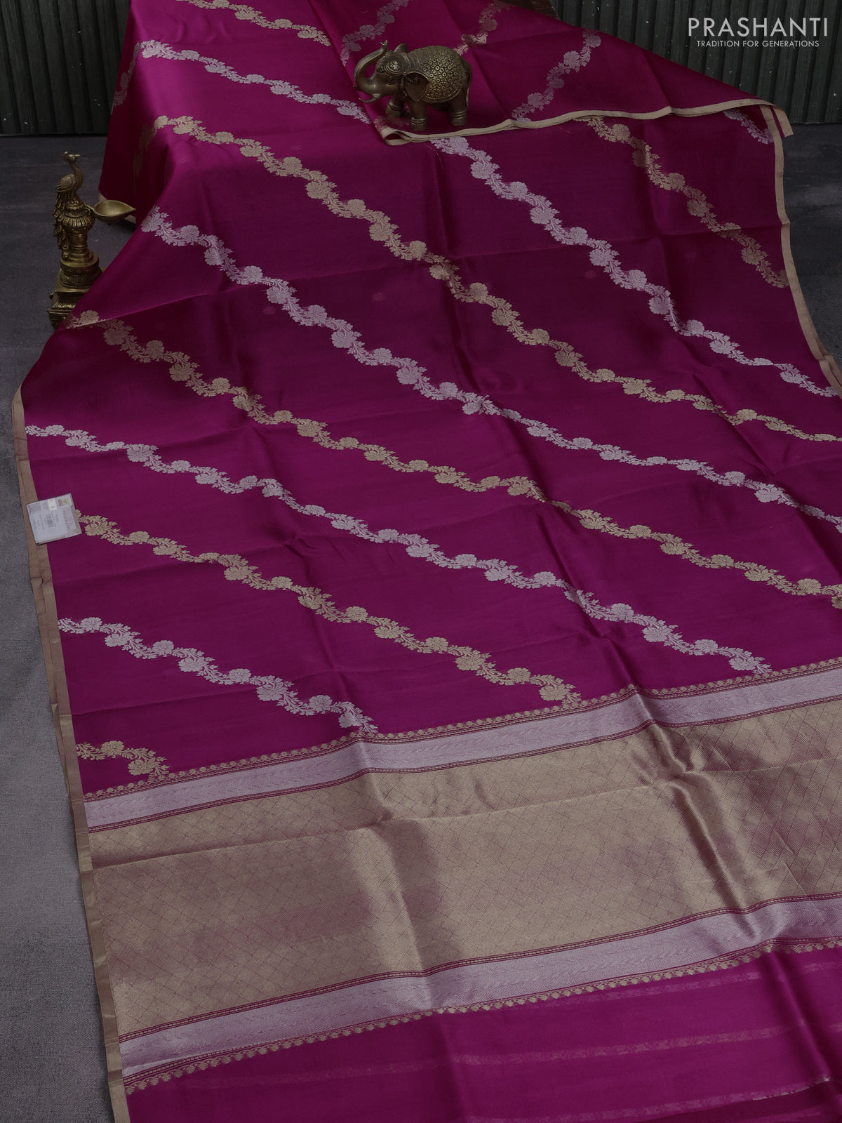Banarasi organza silk saree magenta pink with silver & gold zari weaves and zari woven piping border