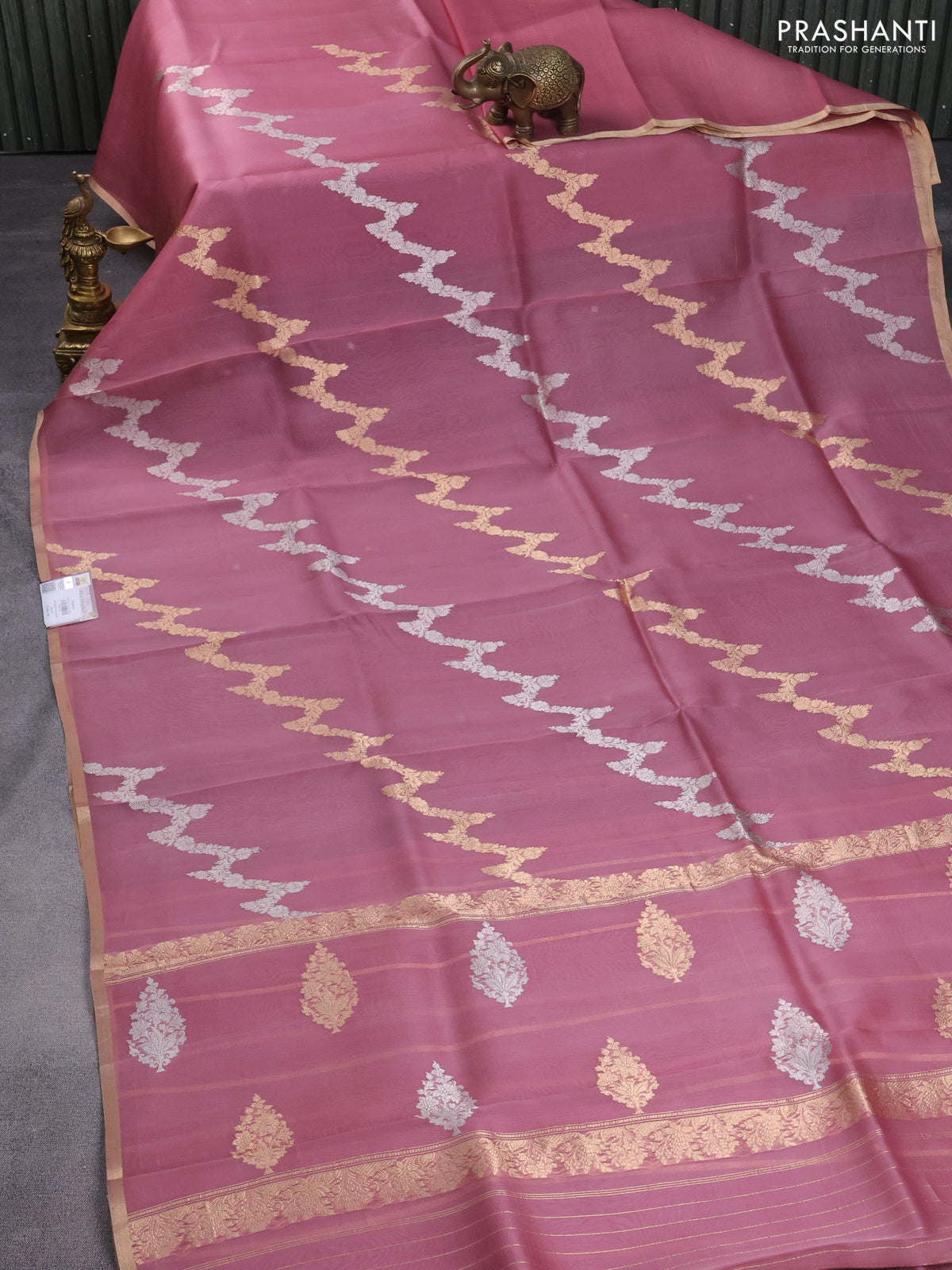 Banarasi organza silk saree pastel pink with silver & gold zari weaves and zari woven piping border