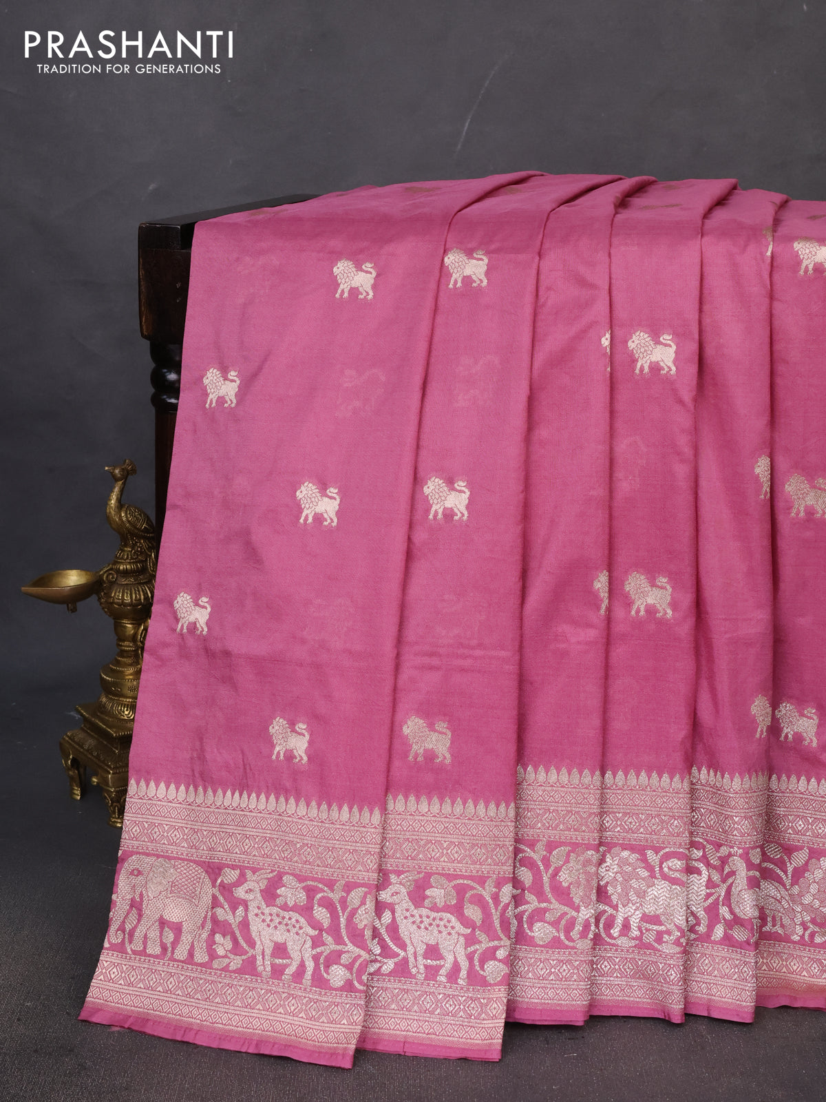 Banarasi semi katan saree pastel pink with lion zari woven buttas and rich zari woven butta border