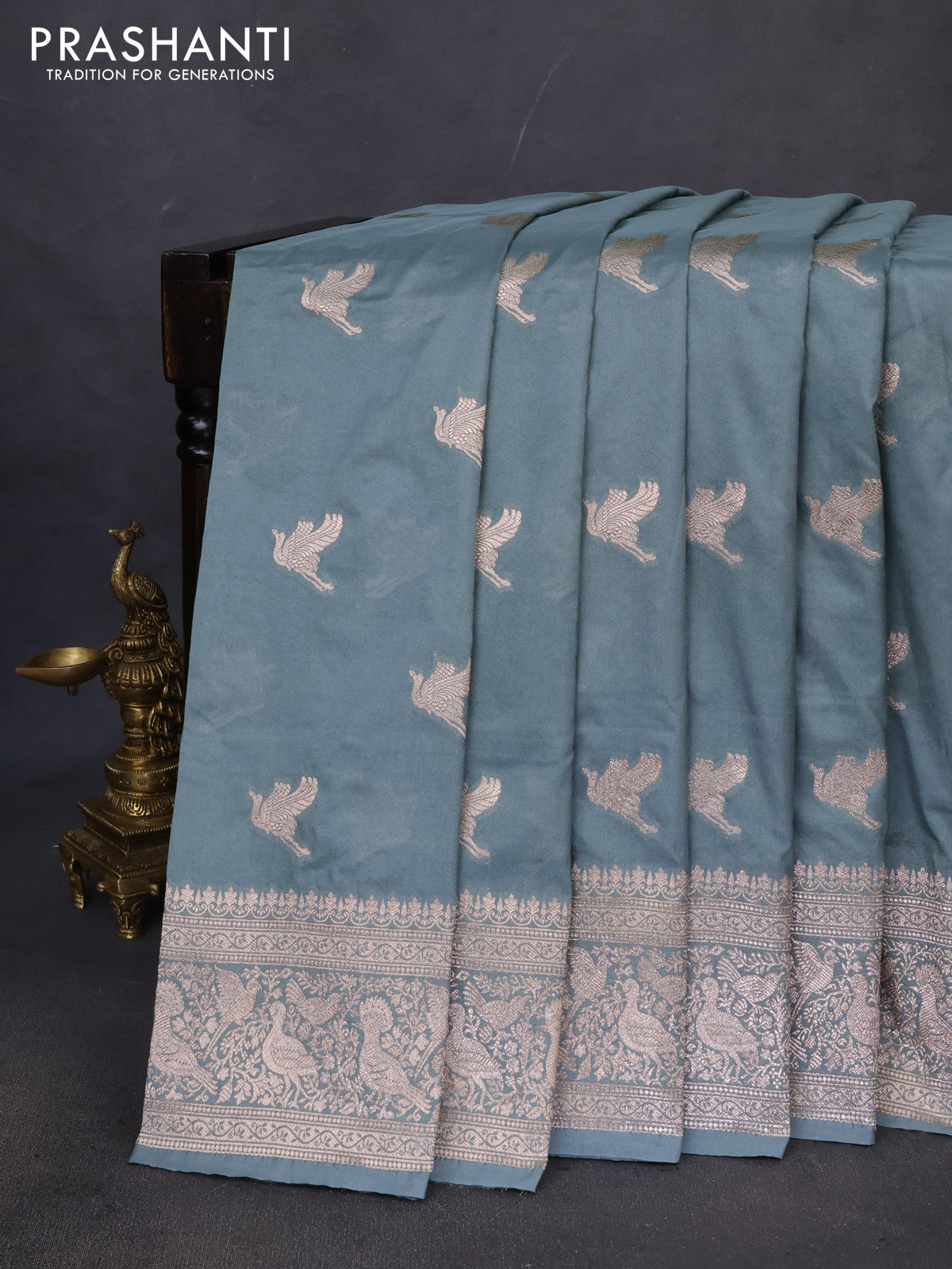 Banarasi semi katan saree greyish green with zari woven buttas and zari woven border