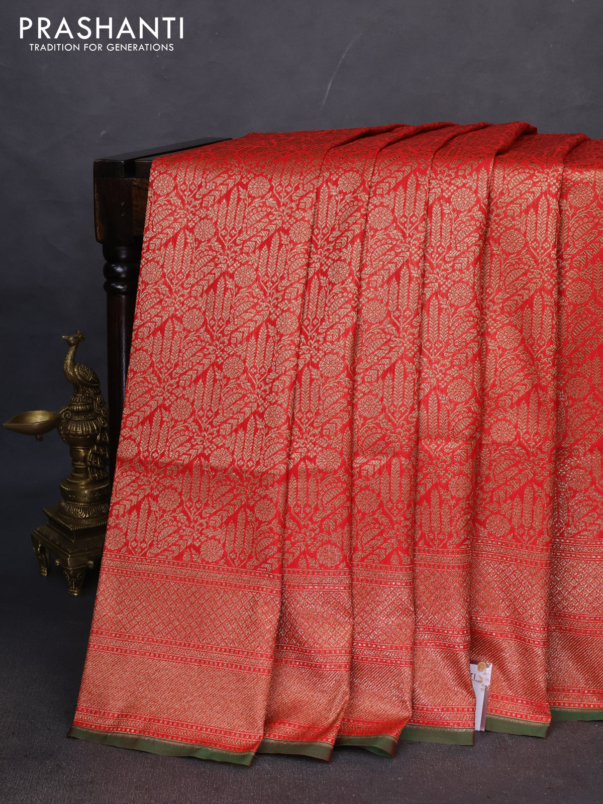 Banarasi semi katan saree red with allover thread & zari woven brocade weaves and woven border
