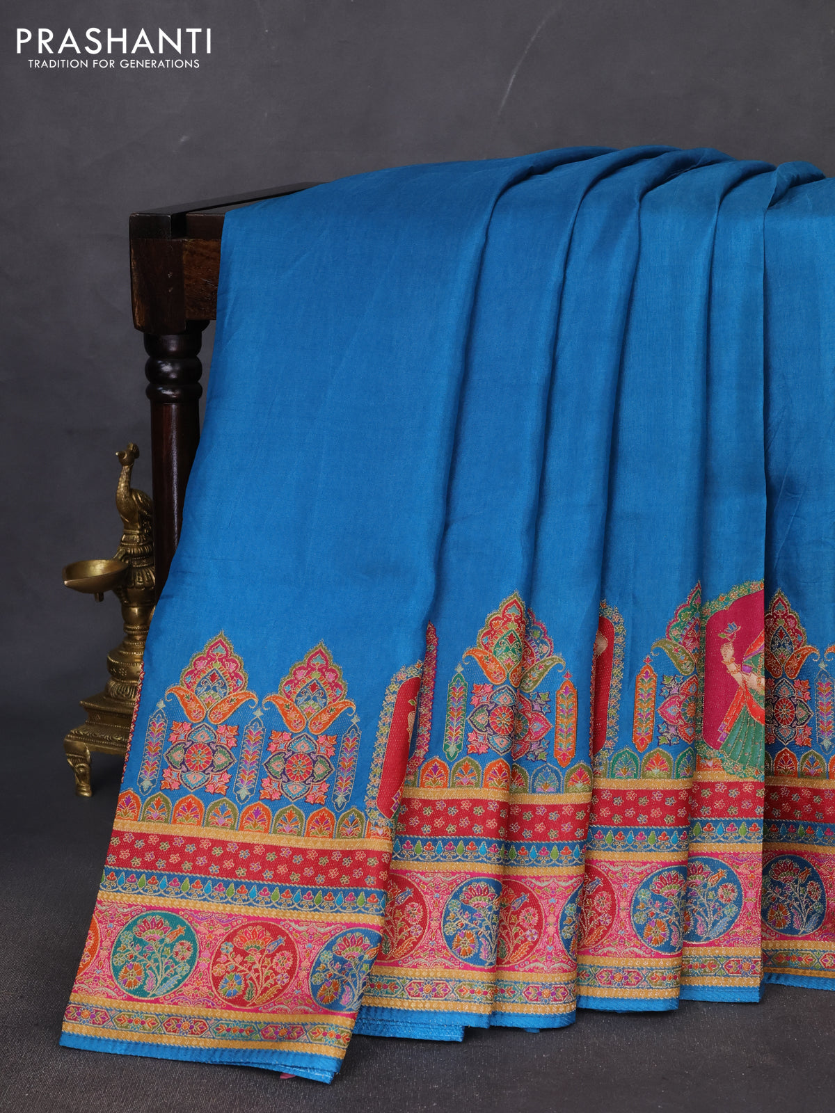 Banarasi silk saree cs blue with plain body and position prints