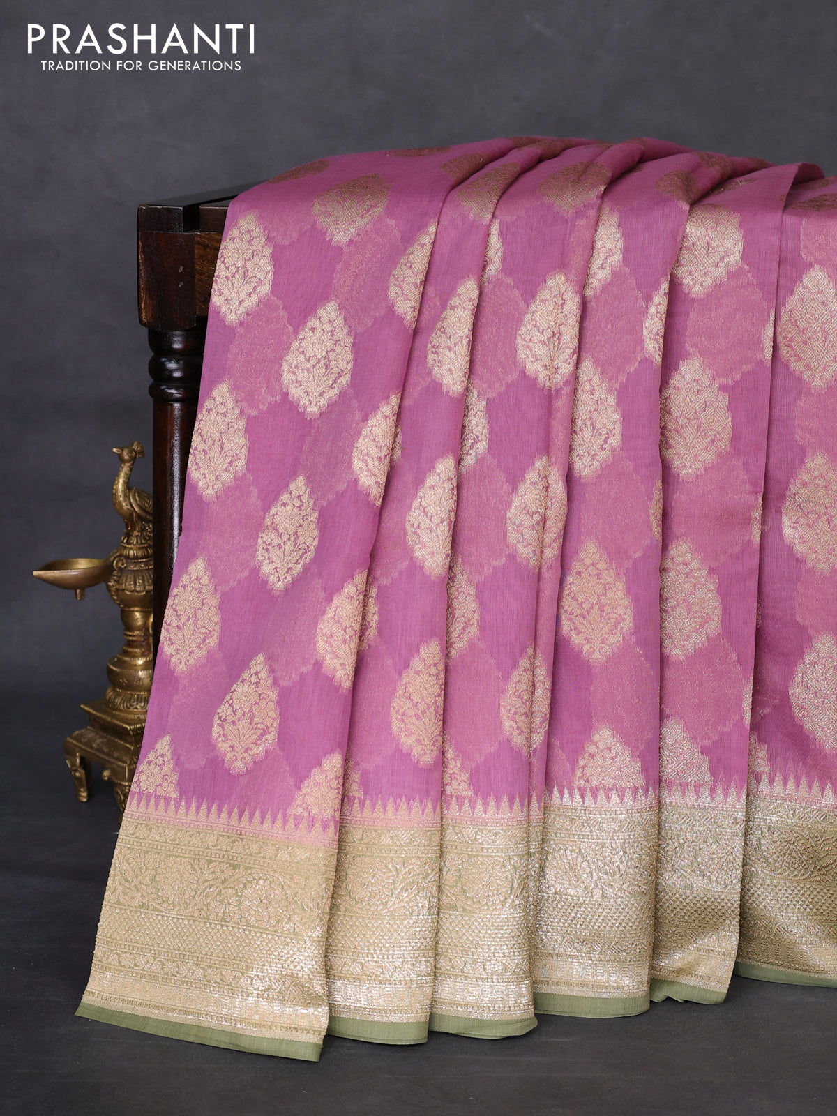 Banarasi silk cotton saree purple shade and pastel green with woven buttas and woven border