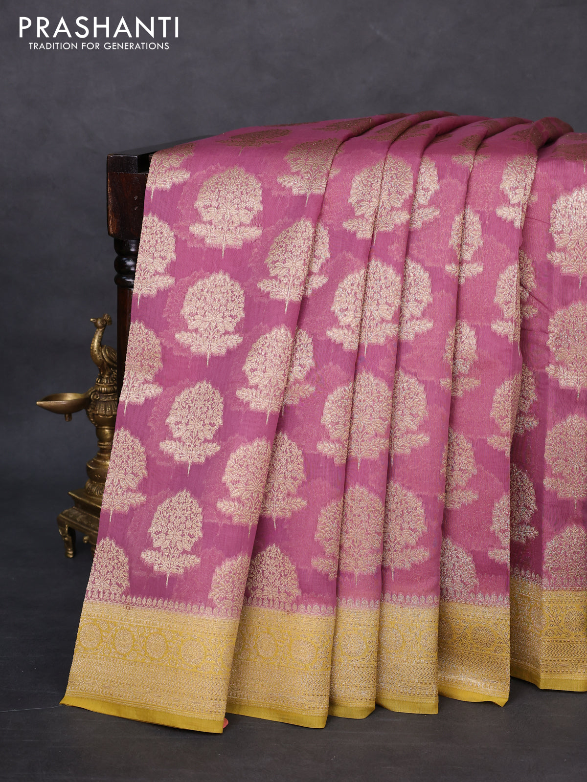 Banarasi silk cotton saree mauve pink and yellow with woven buttas and woven border