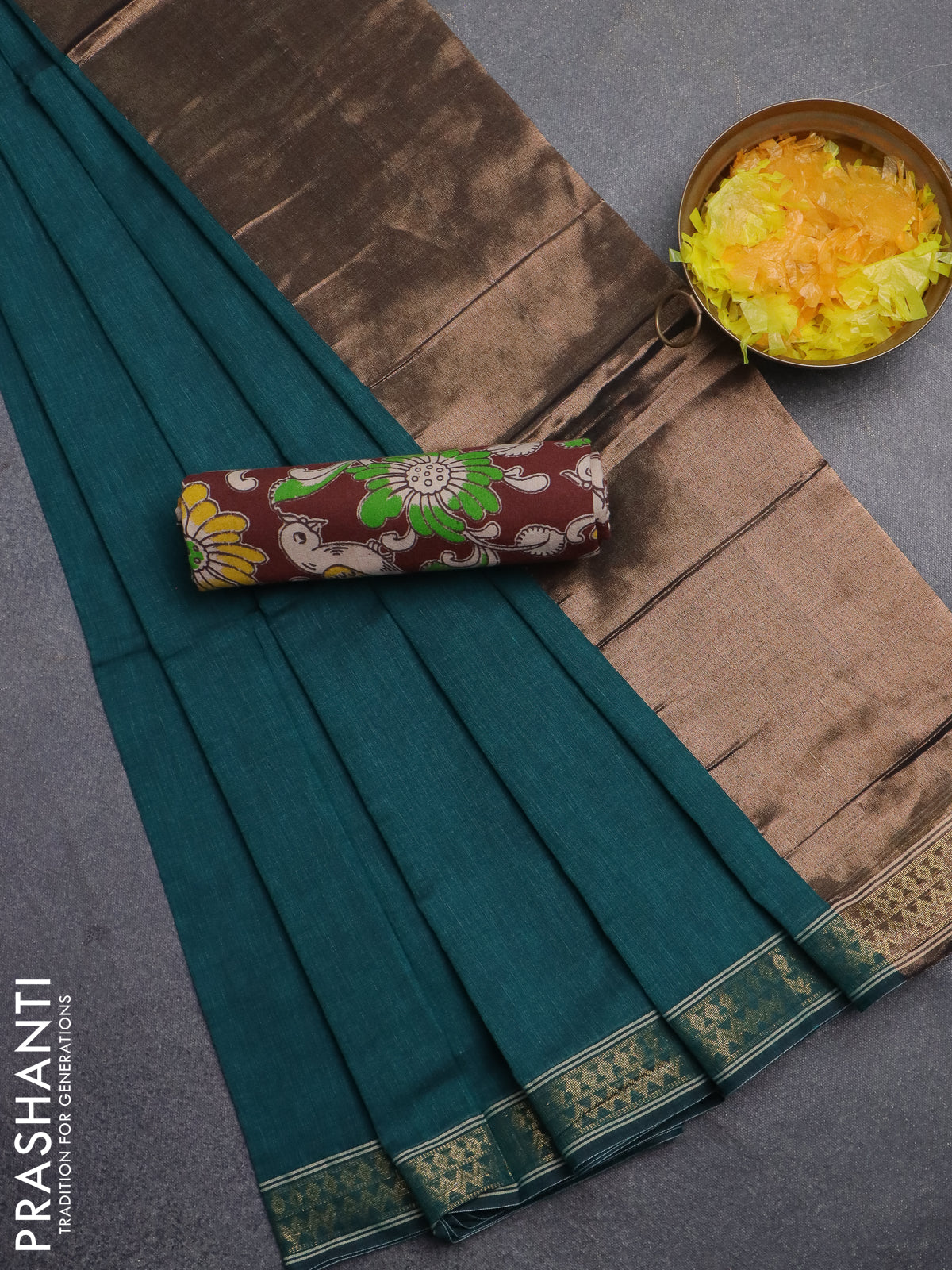 Bengal soft cotton saree teal green and deep maroon with plain body and zari woven border